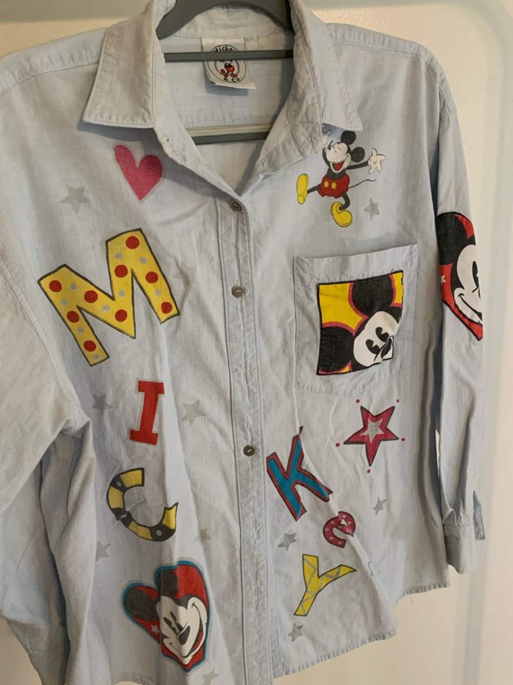 H&M Light Blue Mickey Mouse Patchwork Button-Down Shirt
